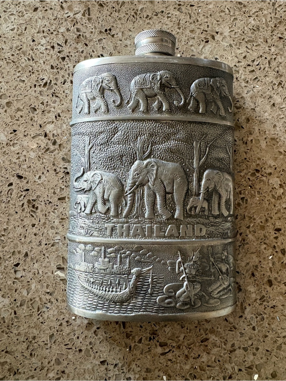 Thailand Embossed Pewter Elephant Hip Flask - Silver Tone